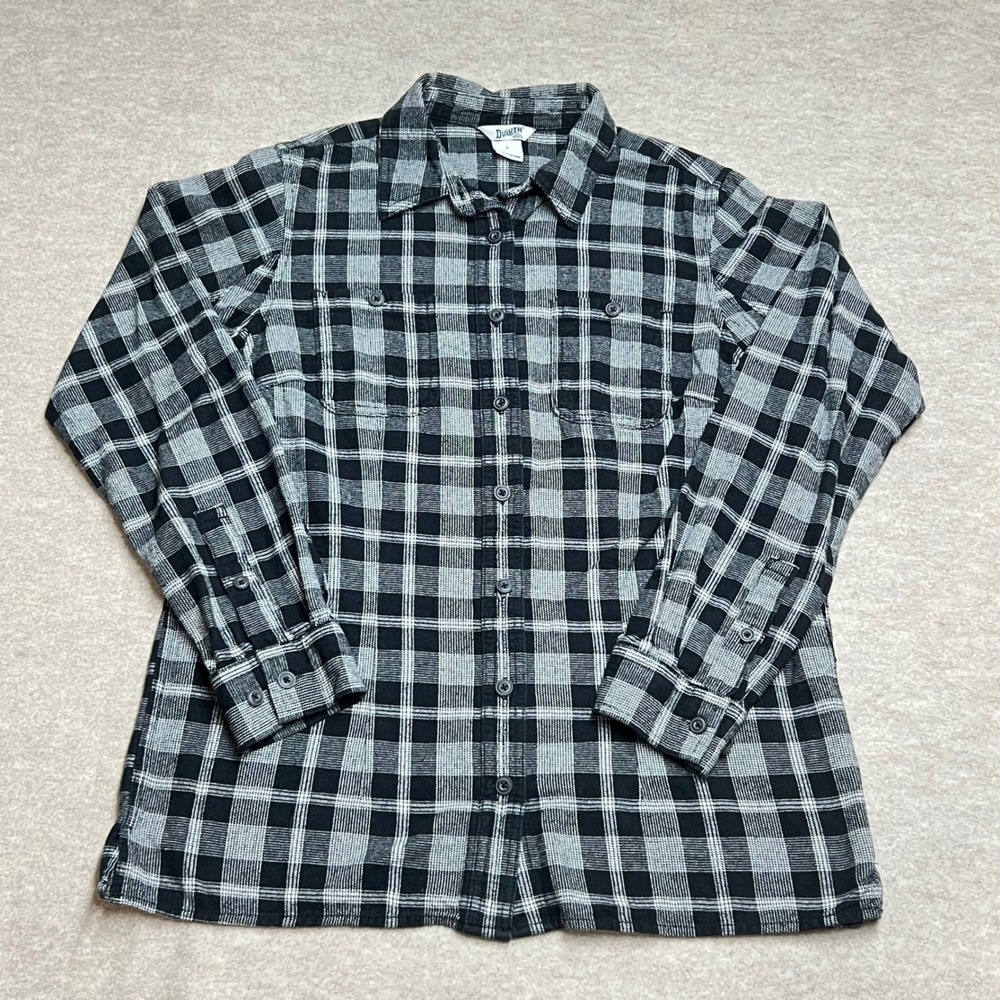 Duluth Trading Co Womens Small‎ Black Gray Plaid Flannel Button Down Cotton EUC